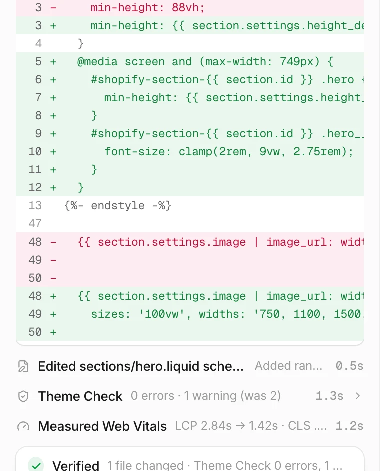 The diff of sections/hero.liquid: the fixed 88vh height becomes a section setting, a mobile media query at 749px adds a smaller height and title size, and the image tag gets responsive sizes.