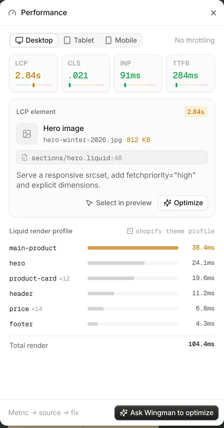 The Performance panel: LCP 2.84s, CLS .021, INP 91ms, TTFB 284ms; the LCP element is the hero image at sections/hero.liquid line 48; the Liquid render profile lists main-product, hero, product-card and other sections by time.