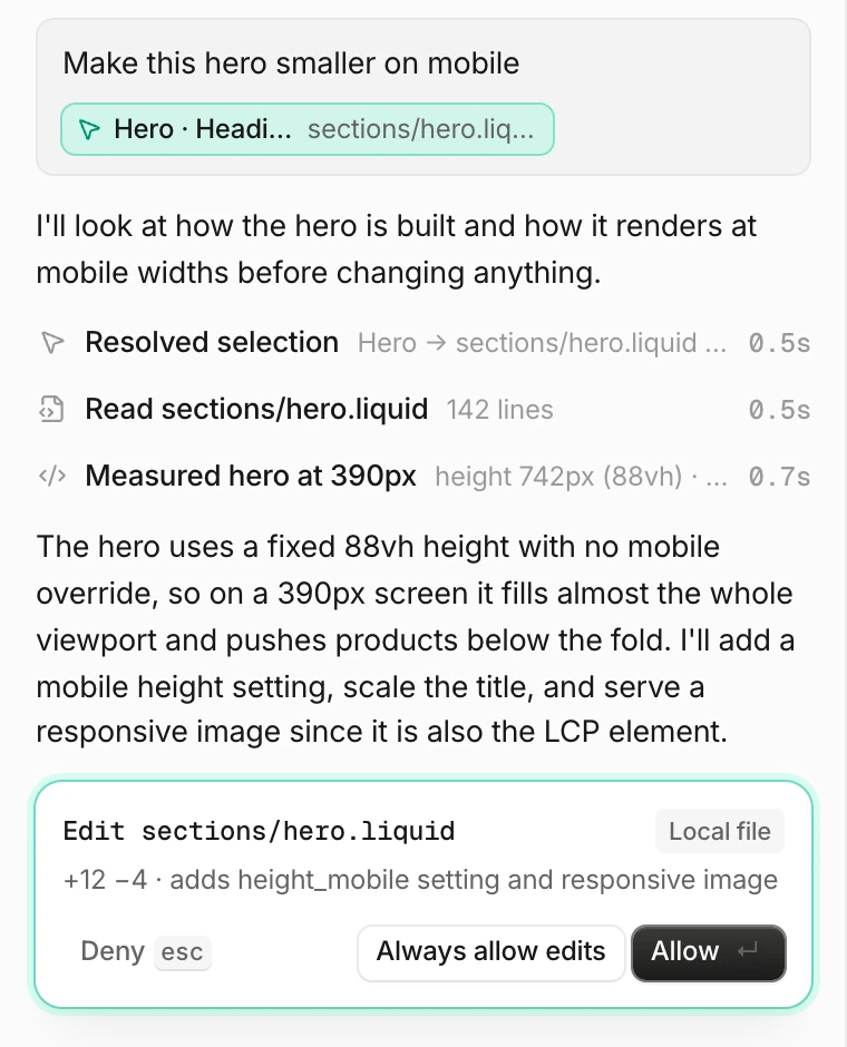 The agent's plan in the chat: it resolved the selection, read sections/hero.liquid, measured the hero at 390px, explained the fix, and asks to allow an edit to sections/hero.liquid.
