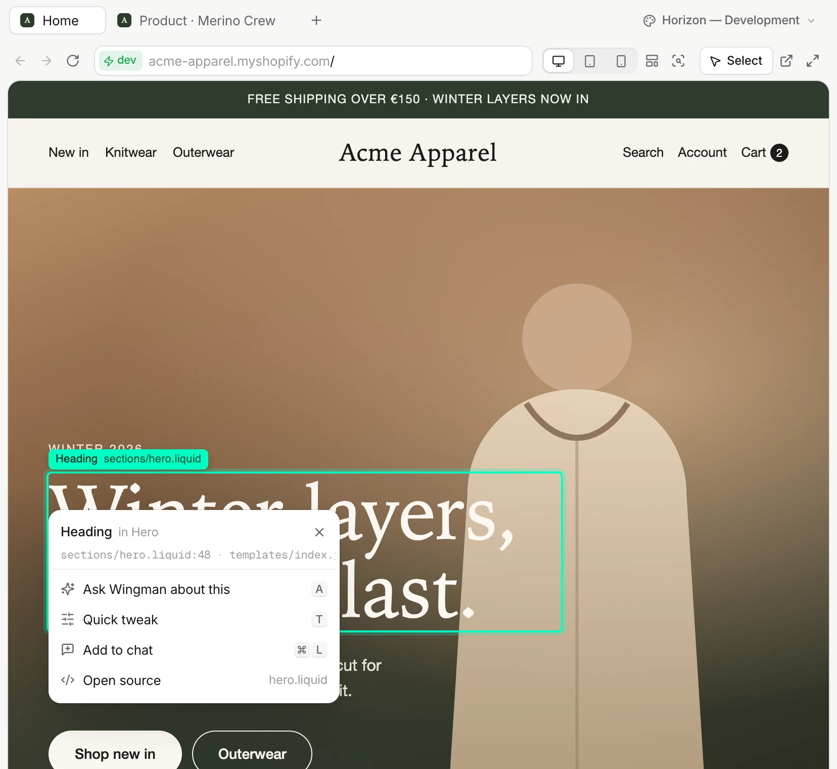 The storefront preview in Wingman with the hero heading selected. A card shows Heading in Hero, sections/hero.liquid line 48 and templates/index.json, with actions to ask Wingman, quick tweak, add to chat and open the source.