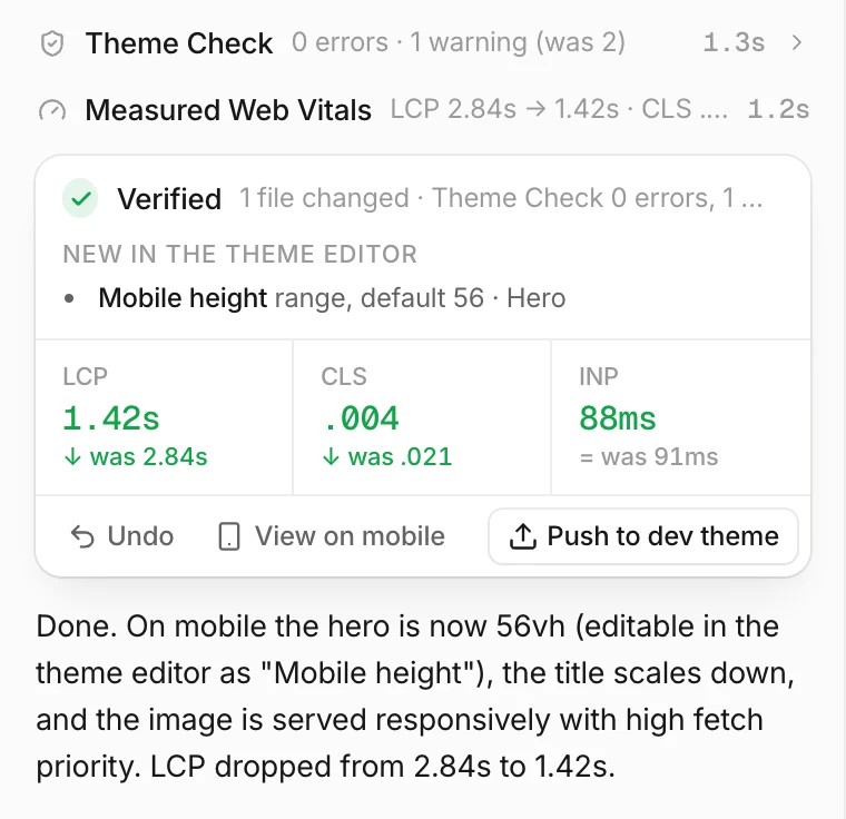 The Verified card: Theme Check 0 errors, a new Mobile height setting in the theme editor, LCP 1.42s down from 2.84s, CLS .004 down from .021, INP 88ms, with Undo, View on mobile and Push to dev theme.